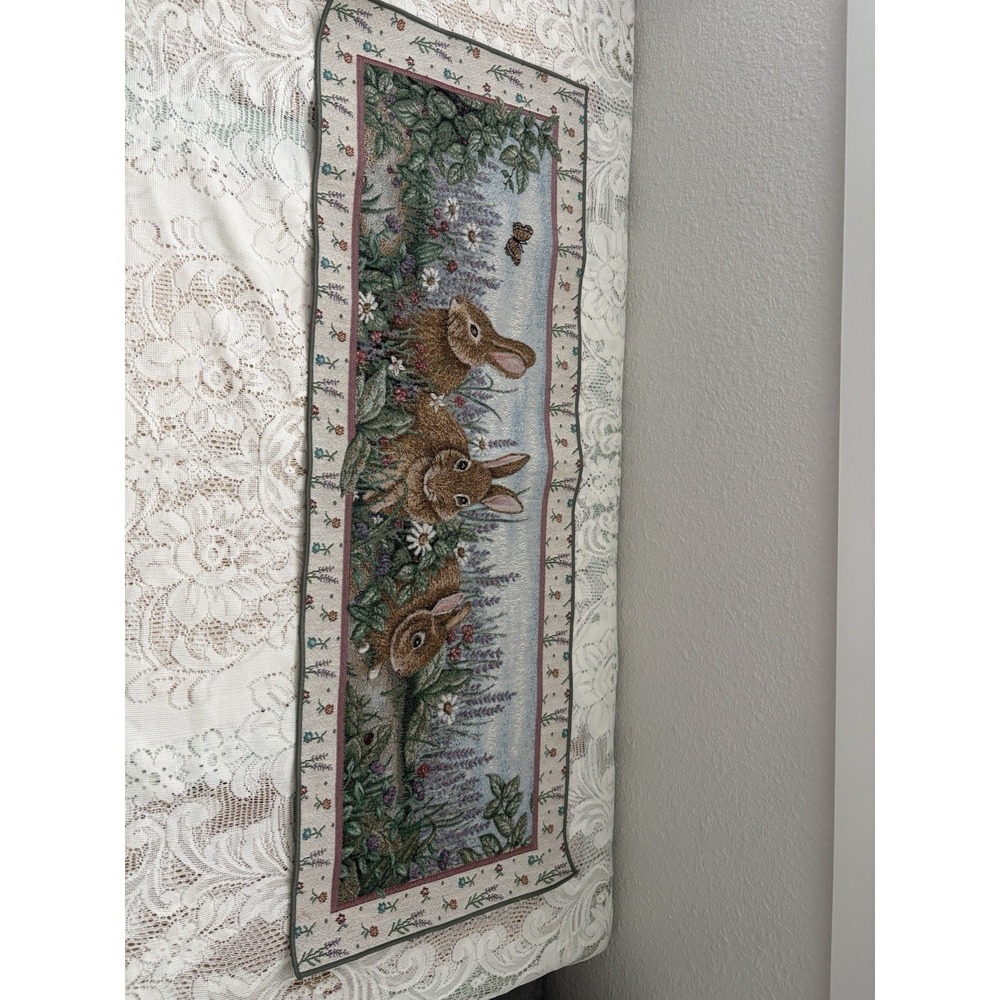 Woodland Bunny Rabbit Floral Woven Tapestry Table Runner Spring Easter Decor